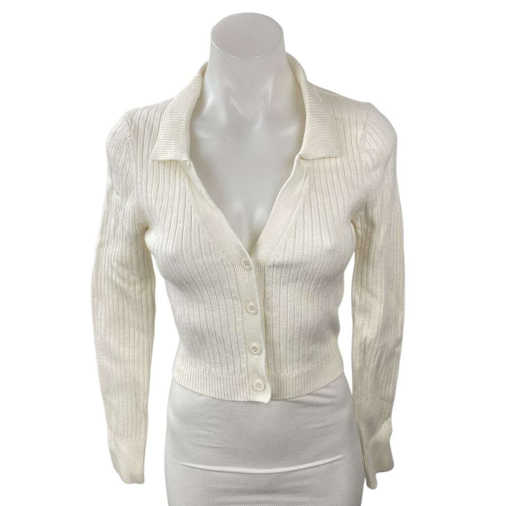 Emory Park Women's Cream Ivory Ribbed Knit Cropped Button Up Cardigan Top Size M
